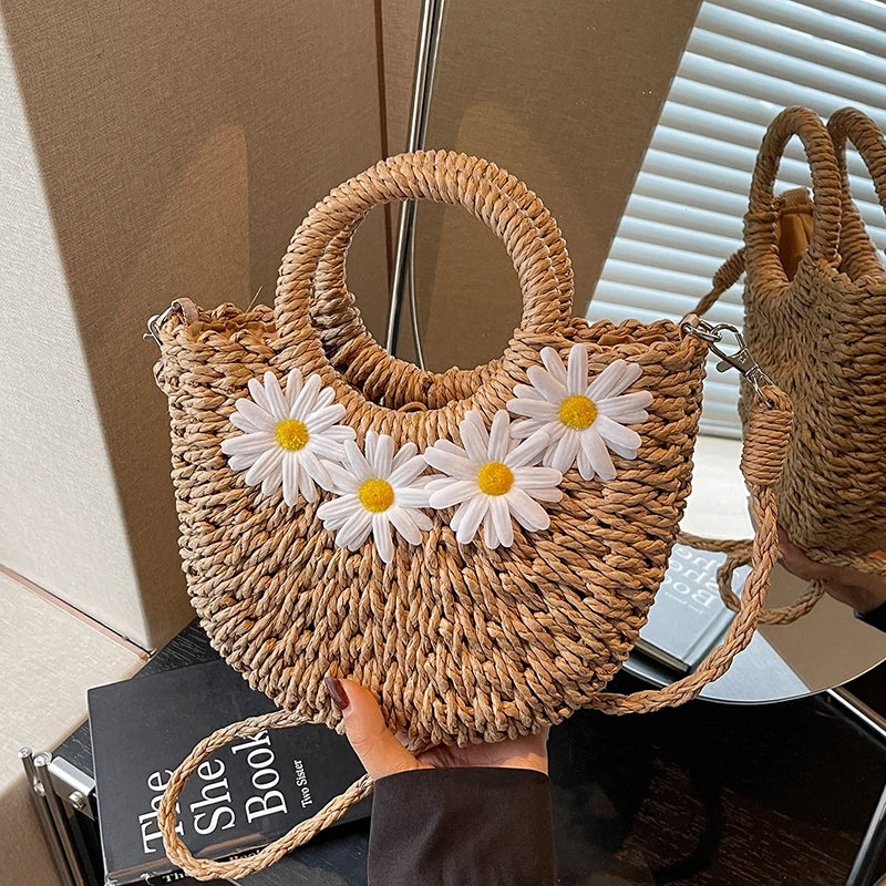 Handwoven Straw Shoulder Bag For Women Rattan Half-Moon Beach Handbag Aesthetic Summer Hollow Out Crossbody Bag Female Vue khaki