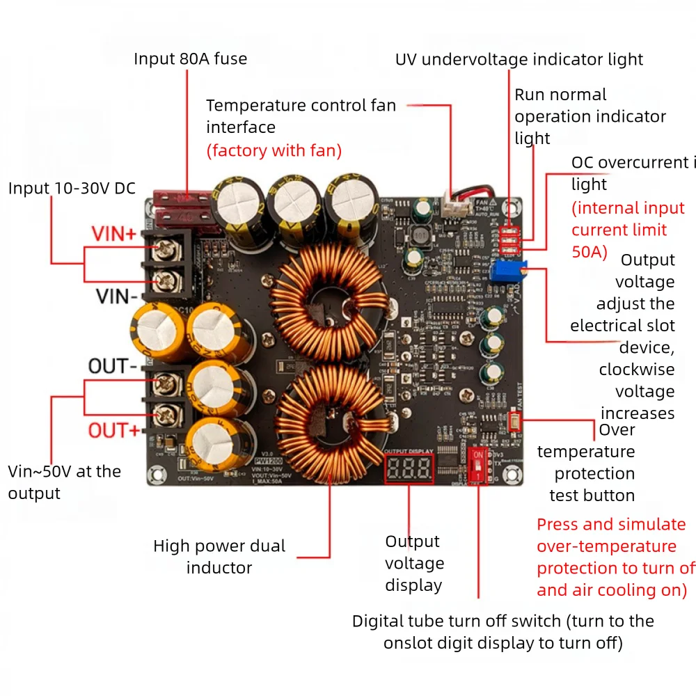1200W 50A High-current Non-isolation Boost Power Supply Module Dual-inductor Audio Power Amplifier Dedicated Power Supply Board Vue