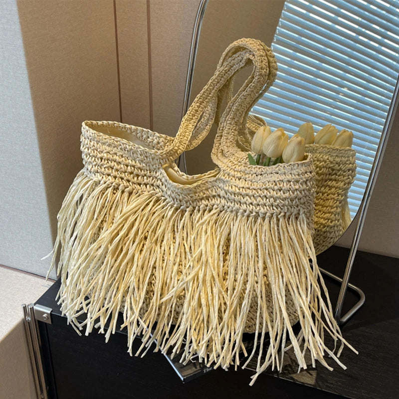 Casual Tassel Woven Women Shoulder Bags Handmade Fringe Lady Handbags