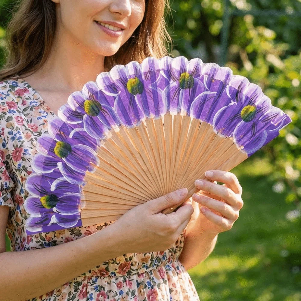 Wooden Folding Fan Hand-Painted Pattern Handmade Cheongsam Dance Fan Chinese Style Classic Handheld Fan Photography Prop Vue