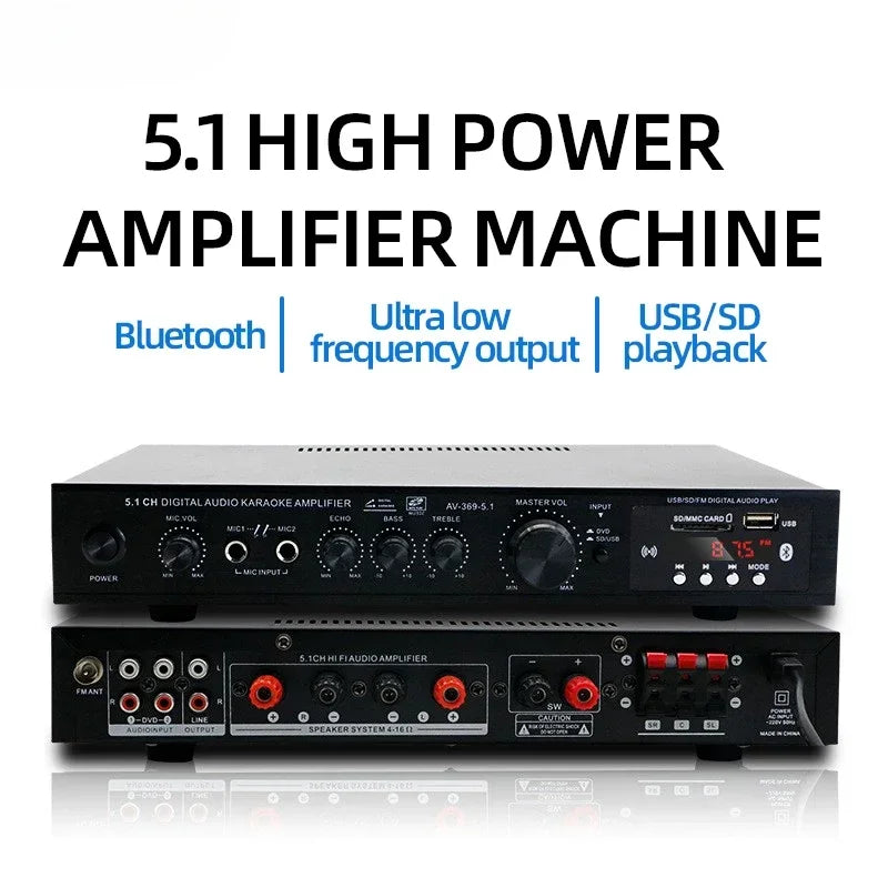 AV-369BT Bluetooth 5.1 Sound Speaker AMP,Stereo Audio Amplifier Receiver, 6 Channel Home Theater Audio Stereo System Components Vue US Plug