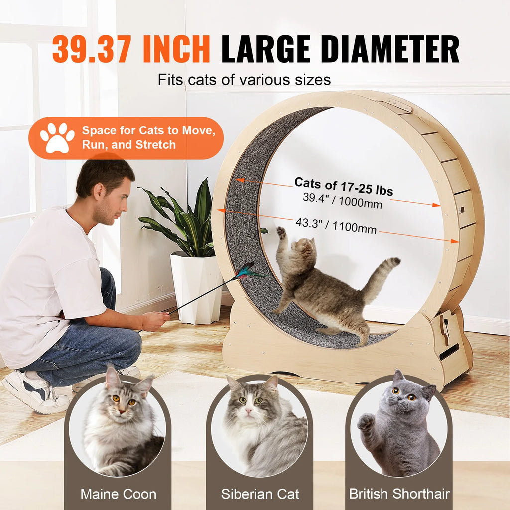 SucceBuy Wooden Cat Exercise Wheel Large Cat Treadmill Wheel for Indoor Cat Running Wheel with Detachable Carpet& Cat Teaser Vue