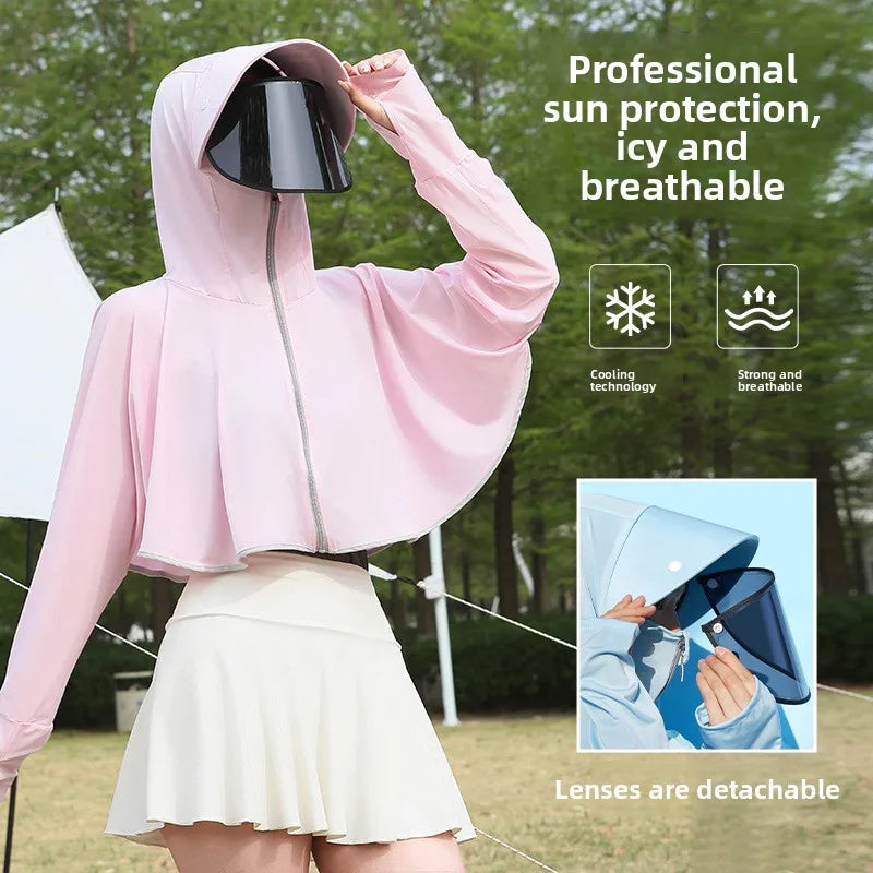 Ice Silk Hooded Sun Protection for Women Brim UV Blocking Breathable Cooling Outdoor Cycling Travel Casual Daily Cover Up Vue Pink B