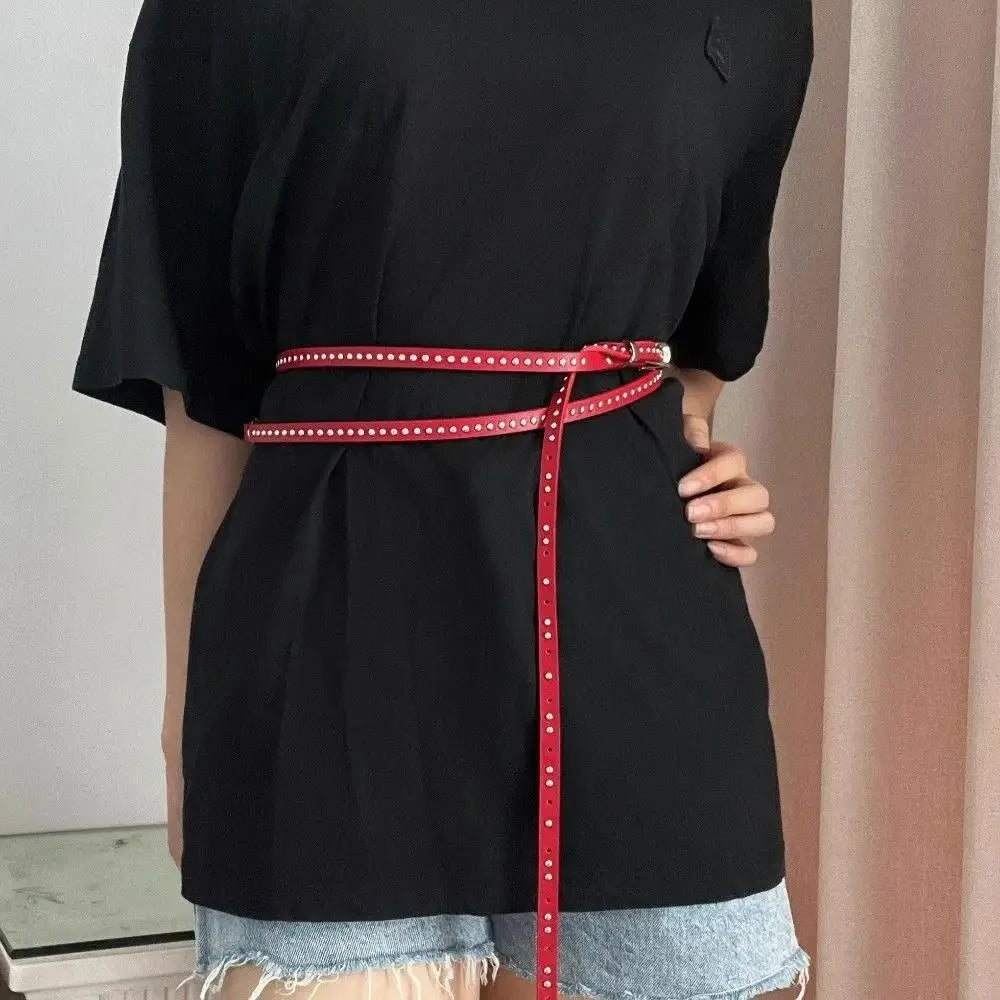 Fashion Y2k Thin Belt Punk Rivet Gothic Waistband Waist Strap PU