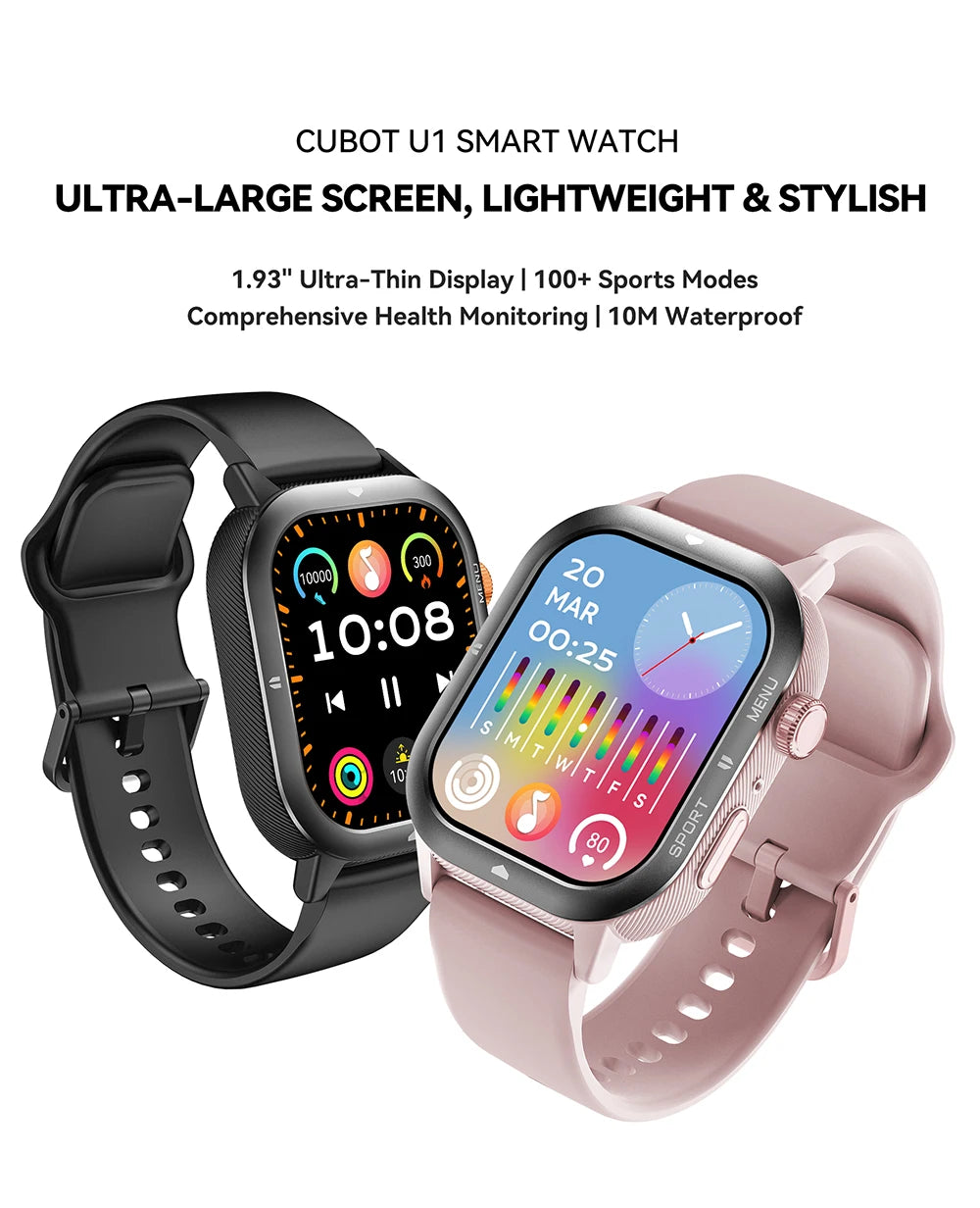 CUBOT Smartwatch U1, 1.93-inch Ultra-Thin Display,Heart Rate,Waterproof Sport Smart Watch for Men,Bluetooth Call,Fitness Tracker Vue