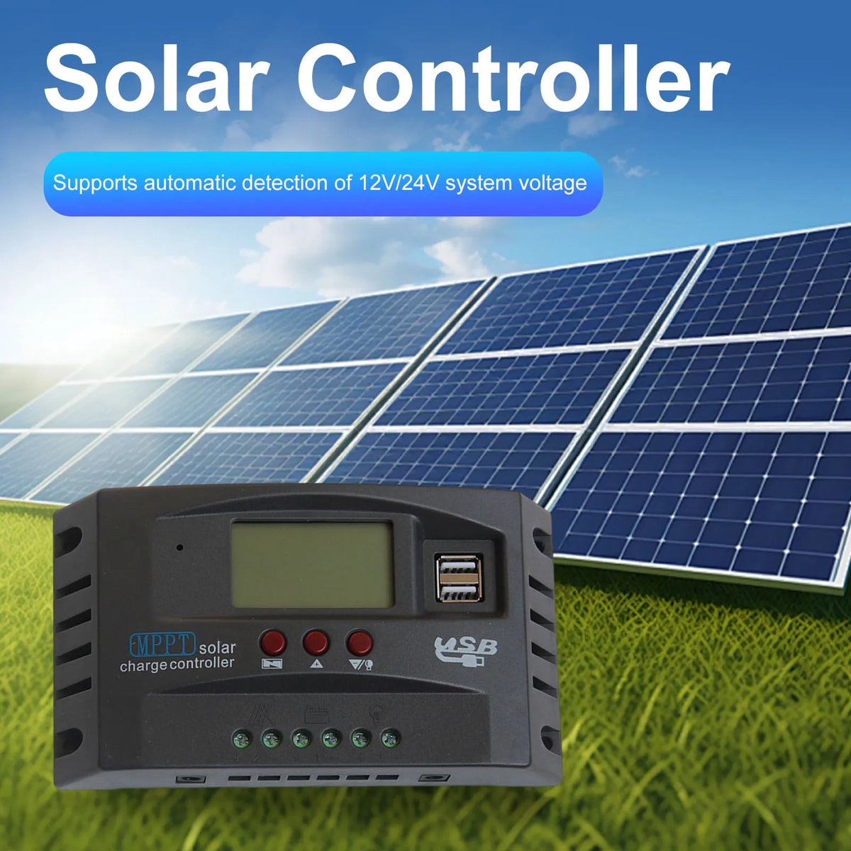MPPT Solar Charge Controller 12V/24V LCD Dual USB & Timer Solar Charge Controller Vue