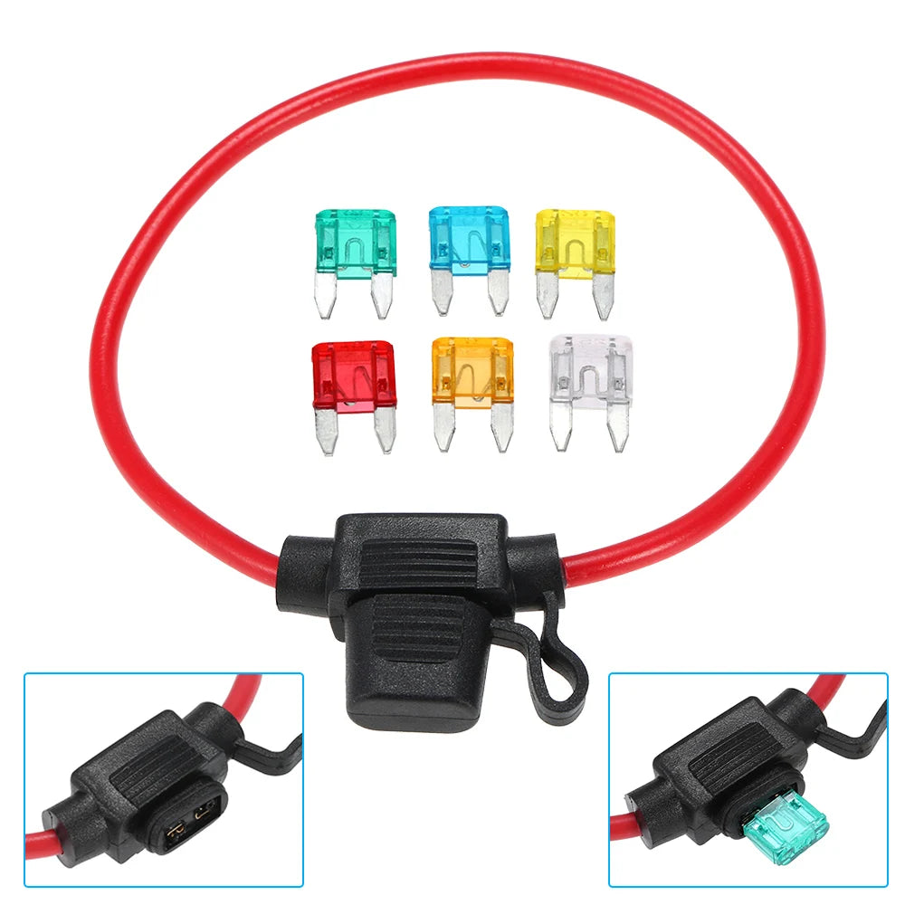 12V Car Automotive In-Line Mini Blade Fuse Holder Fuses with Splashproof Casing with 6 Fuses 5A 10A 15A 20A 25A 30A Vue