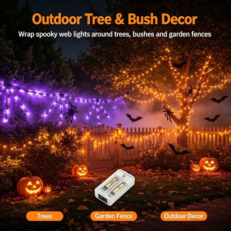 Halloween Spider Web String Lights, AA Battery Powered LED Lights for Indoor Outdoor Party Haunted House Decor Vue