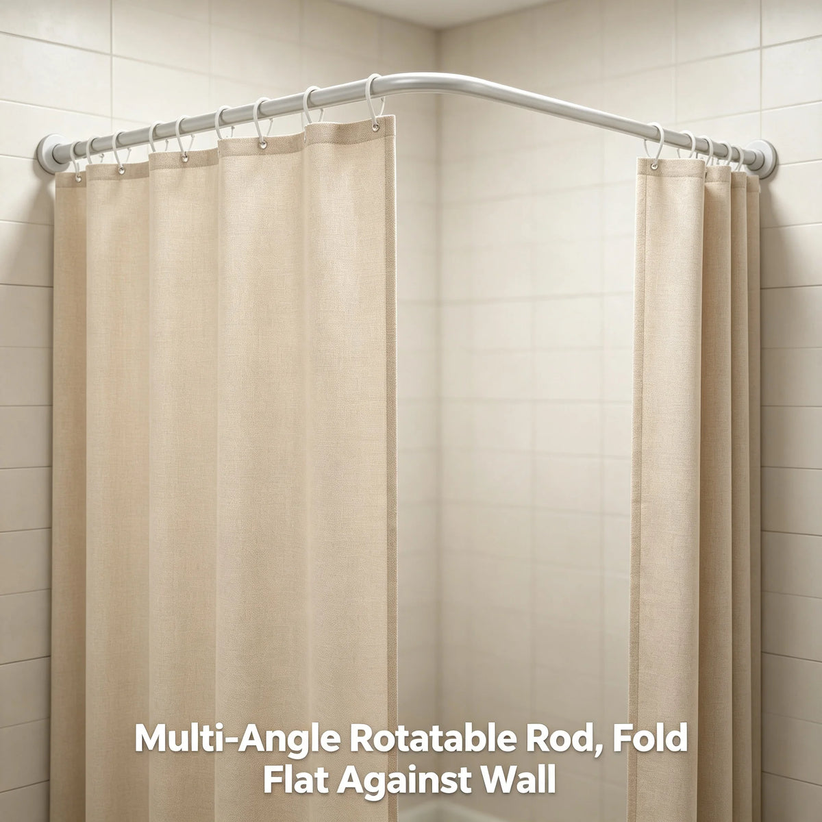 Folding Shower Curtain Set | 4-Section Rod, Drill-Free, Beige Shower Curtain Set Vue