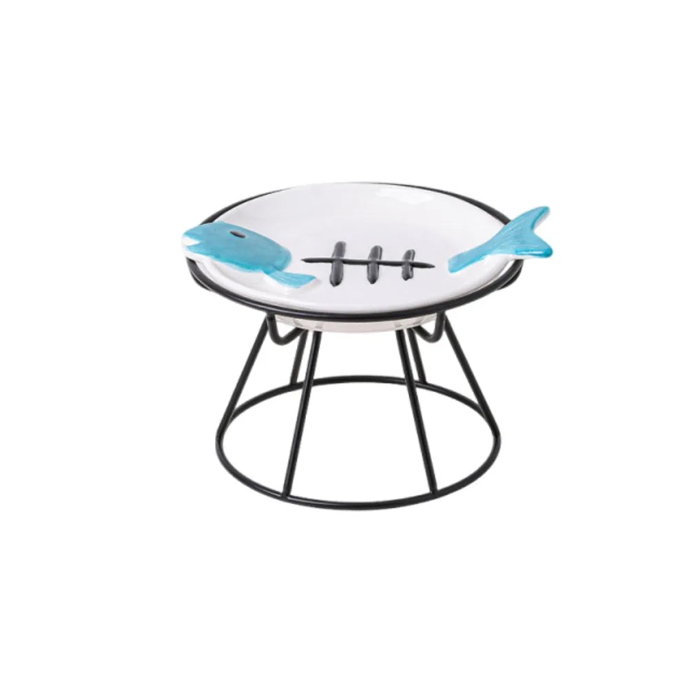 Cat Basin Ceramic Elevated Cat Bowl Fish Bones Anti-Vomiting Pet Food Water Bowl Anti Slip Cute Raised Pet Feeder Wet Dry Food Vue Blue with Stand