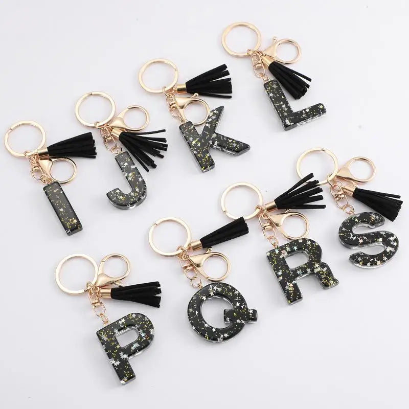 Black Glitter Star Sequins Resin 26 Letters Keychain Initials A-Z Keyring Tassel Charm Accessories Backpack Hanging Decoration Vue