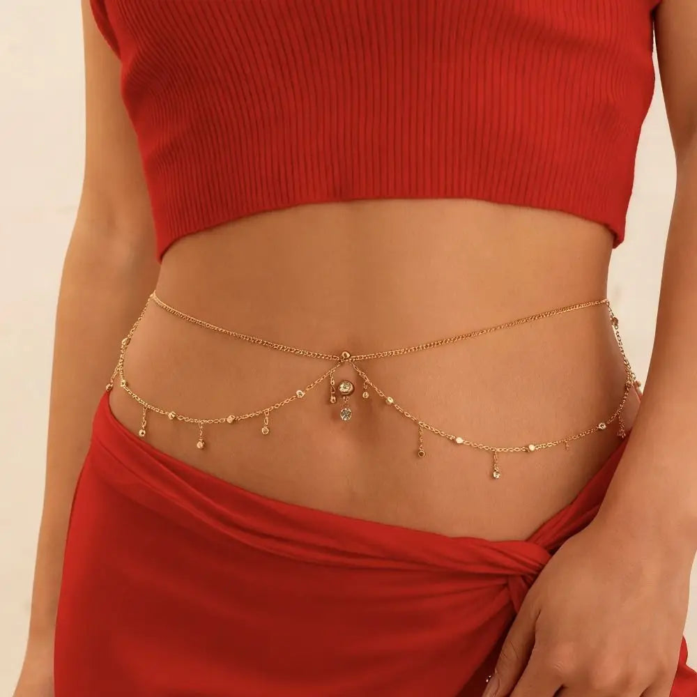 Water Drop Pendant Boho Waist Chain Double Layer Sparkling Zircon