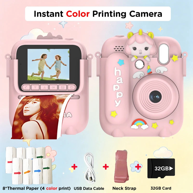 Instant Print Camera Kids Color Picture Digital Children Camera Photo 1080P Video Recorder Educational Boys and Girls Gifts Vue cartoon add more