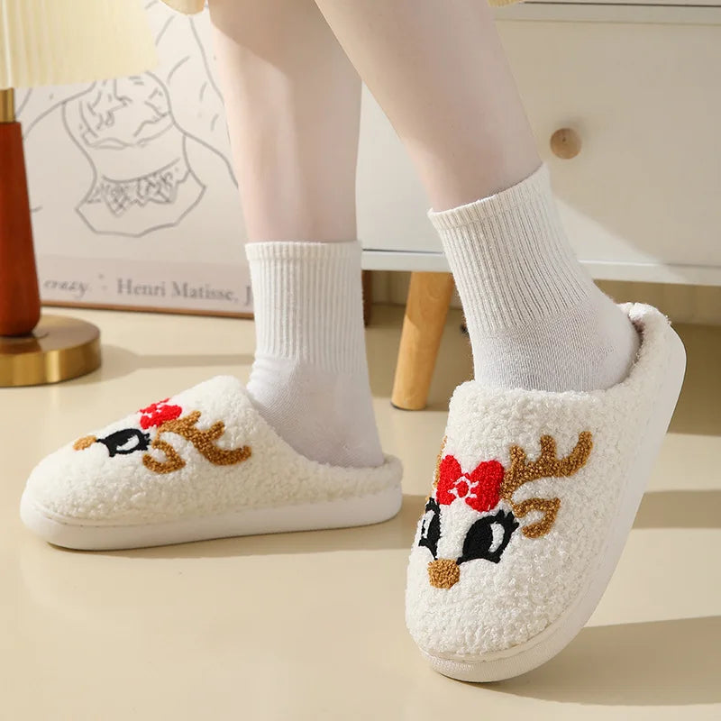 Winter Christmas Plush Cotton Slippers Cute Cartoon Home Indoor Anti Slip Soft Cozy Shoes for Men Women Couple Vue