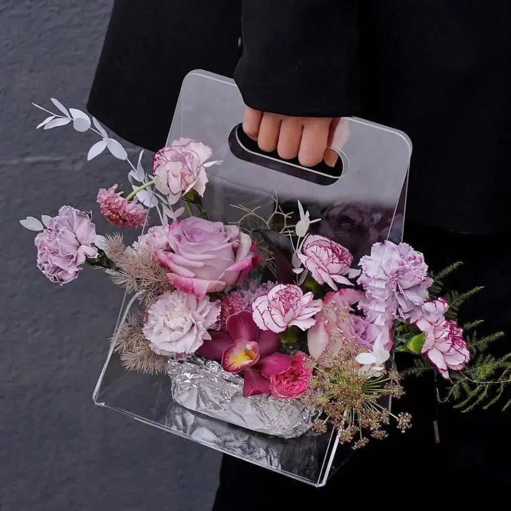 Transparent Acrylic Flower Box Reusable Hand Bag Bouquet Wrapping Bag Portable Packing Material Flower Bag Wedding Party Vue