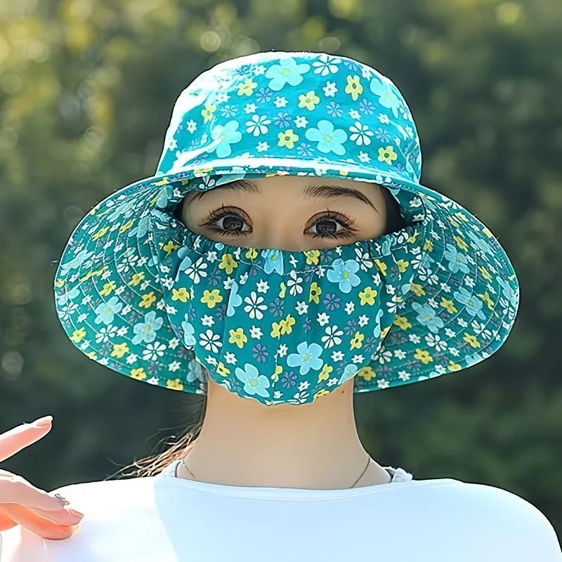 1-2PCS Women‘s Sun Hat with Face Mask Floral Leaf Pattern Wide Brim UV Protection for Outdoor Hiking Gardening Beach Vue