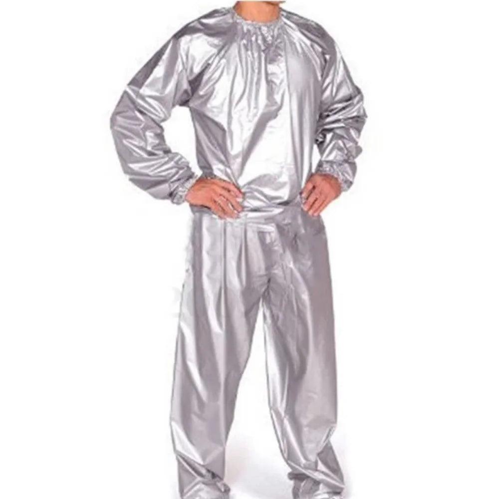 Sport Suit Men Women PVC Sauna Suit Elastic Waist Weight Loss Summer Men's Top Pants Set Casual Sweat Suit Fitness Clothing Vue Silver XL
