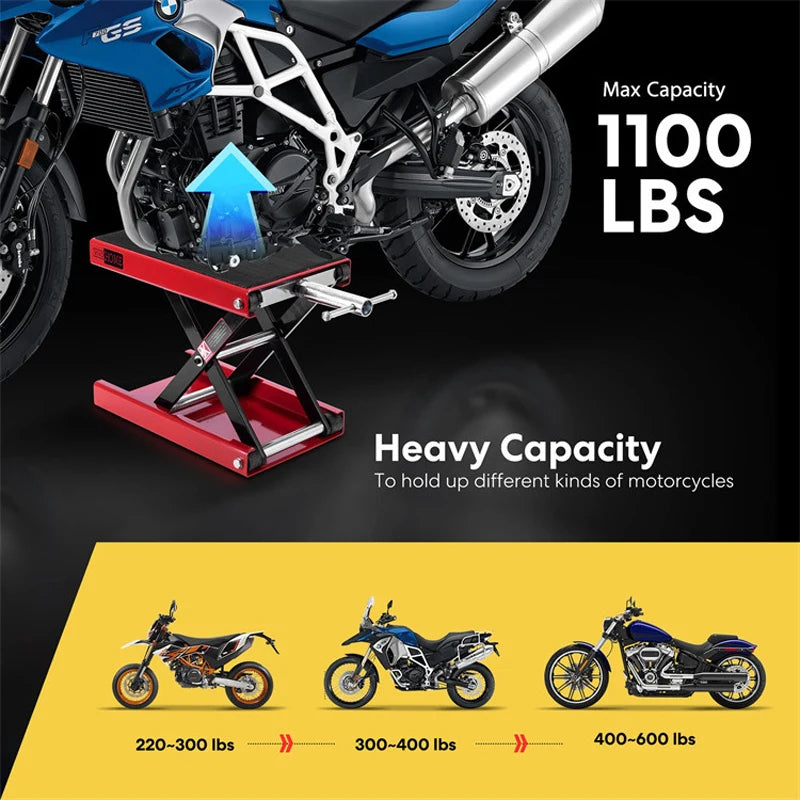 Motorcycle Lift Table 1100 Lbs Heavy Duty Hydraulic Lift Steel Dirt Bike ATV Wide Deck Scissor Lift Jack Table Foot Stand Jack Vue