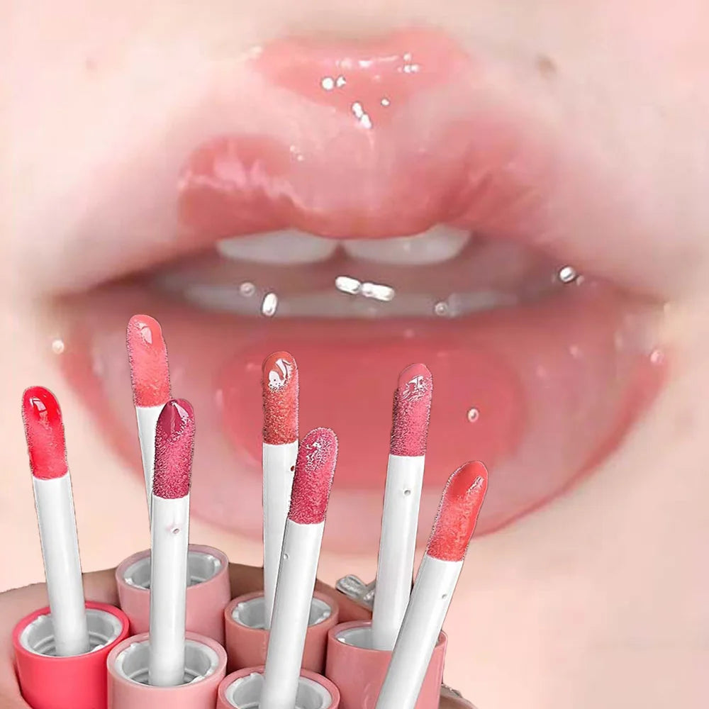 Pink Crystal Mirror Glass Lip Gloss Round Tube Water Light Lipstick Clear Jelly Lip Glaze Nude Clear Moisturizing Lip Tint Vue
