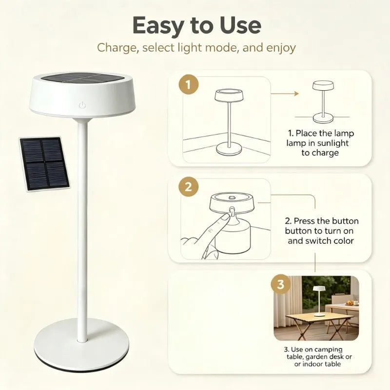 Solar LED Portable Table Lamp, Dimmable Rechargeable Outdoor Light with 3 Color Modes for Garden Patio Camping Vue