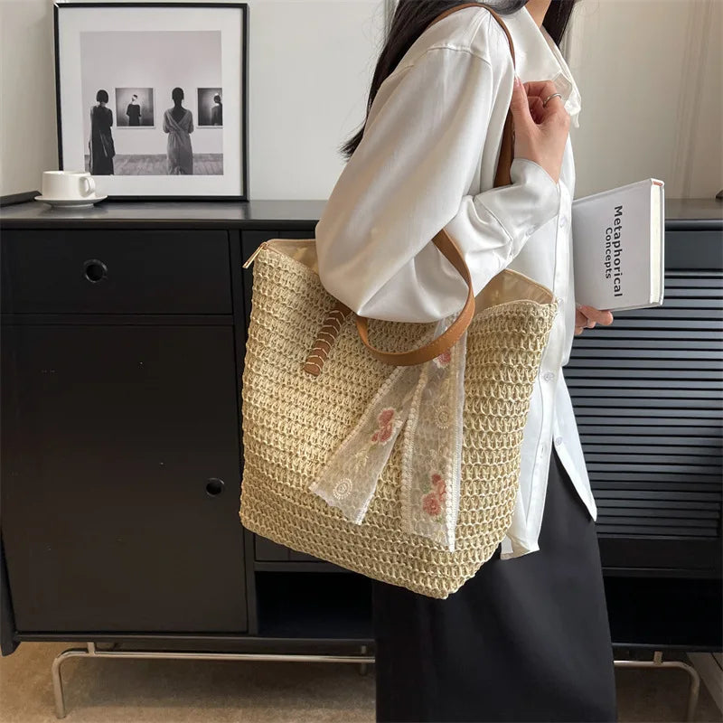 Square Bucket Straw Beach Bag Handmade Woven Shoulder Raffia Rattan