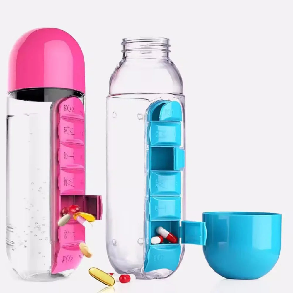 Portable Water Bottle With Built-in Pill Box for Medicines, Vitamins, Perfect for Outdoor, Gym, Fitness, Camping and Traveling Vue
