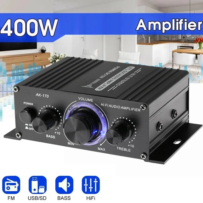 AK170 Mini Digital Power Audio Car Amplifier Blue Light Stereo Audio Amplifier for Home Theater Club Party Music 200Wx2 Power Vue Default Title