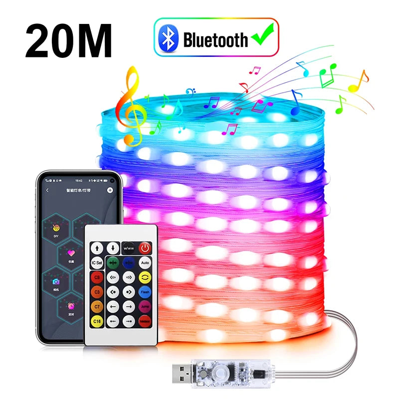 20M RGBIC USB 5V LED Sting Light Bluetooth Music APP WS2812 Programmable DIY Fairy Lights Birthday Party Garland Christmas Decor Vue 20m 65.6FT None