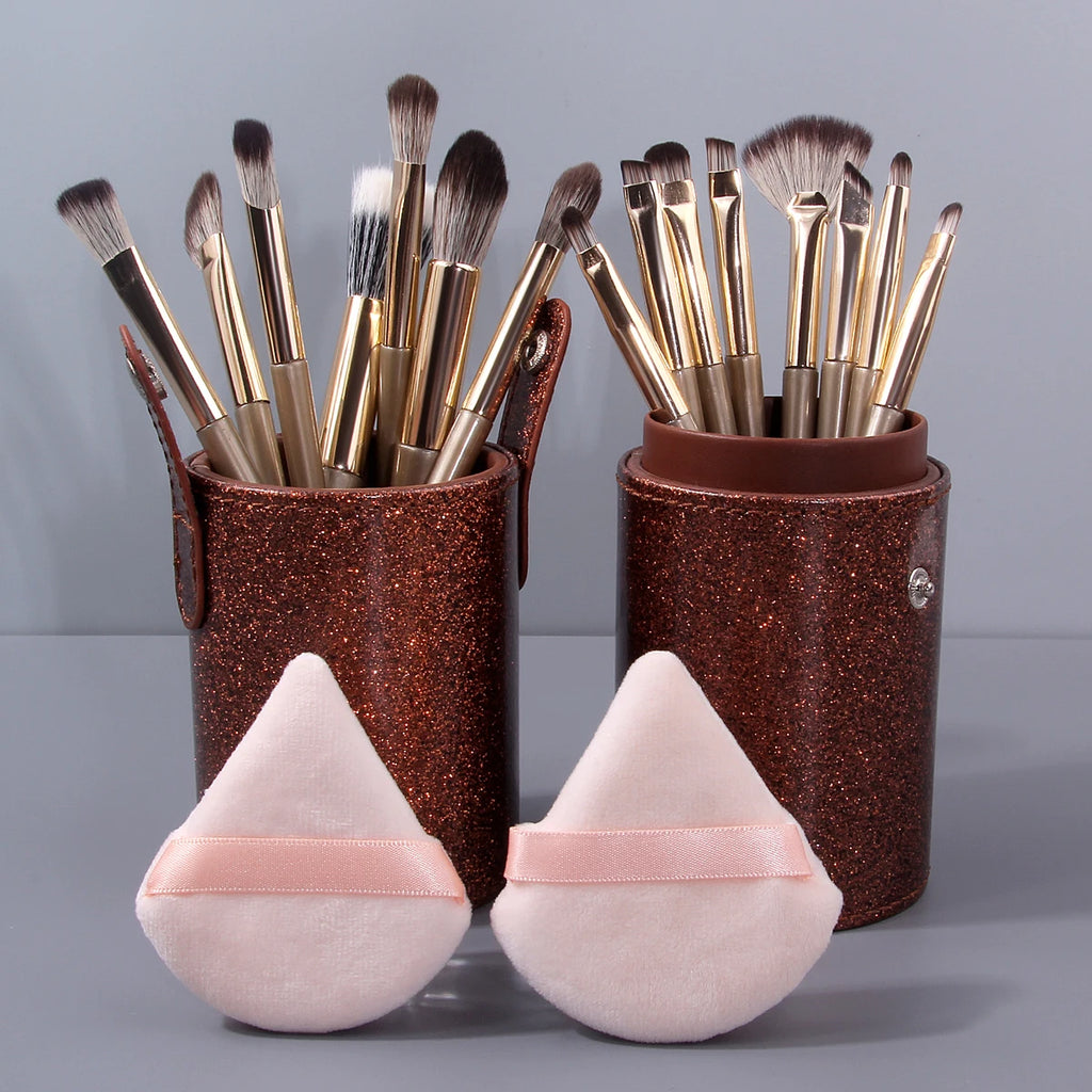18Pcs Champagne Makeup Brush Set Face Eye Cosmetic Brushes, 2 Triangle Powder Puffs, Glitter Bronze Cylinder Brush Case Beauty K Vue