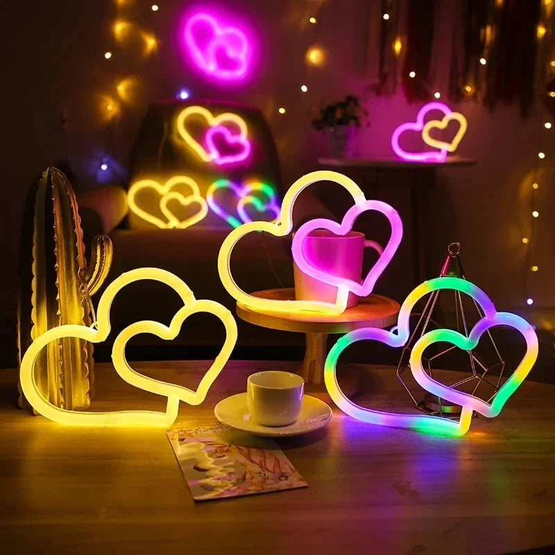 Colorful Neon Double Heart Light Neon Signs for Wall Decor Atmosphere LED for Kids Room Valentine's Day Party Confession Wedding Vue