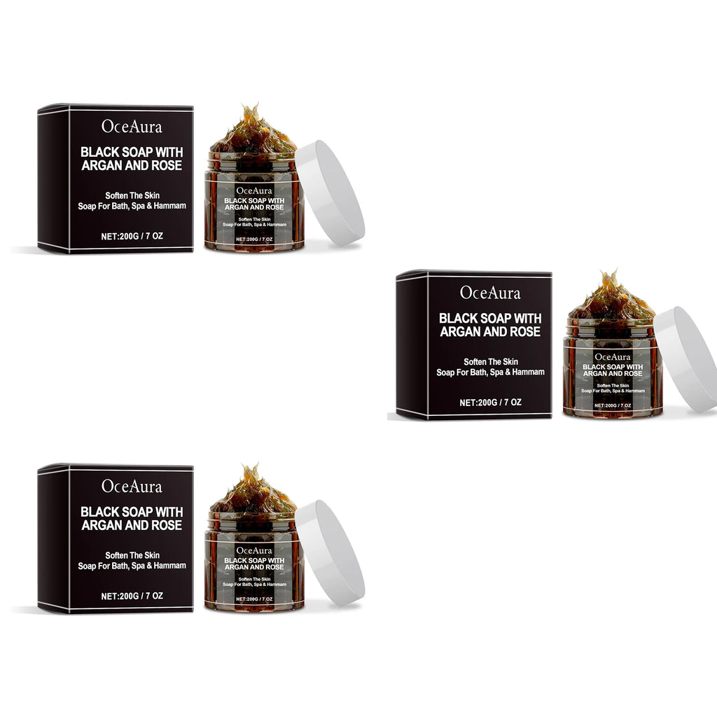 OCEAURA Black Soap With Argan And Rose lack Beldi Soap Ideal For Dead Skin Remover Body Scrub Purifying Deep Cleansing 200g/7 Oz Vue 600g boxed