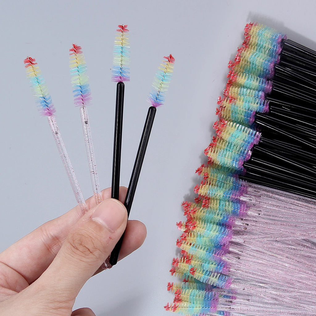 Hot Sale 50pcs Disposable Rainbow Eyelash Spoolies, Glitter & Black Handle Mascara Wands for Eyelash Extension & Eyebrow Styling Vue