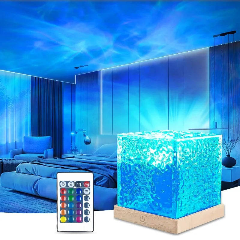 16 Colors Water Ripple Projector Dynamic Rotating LED Night Light with Remote Dimming Family Bedroom Romantic Ocean Decor Lamp Vue