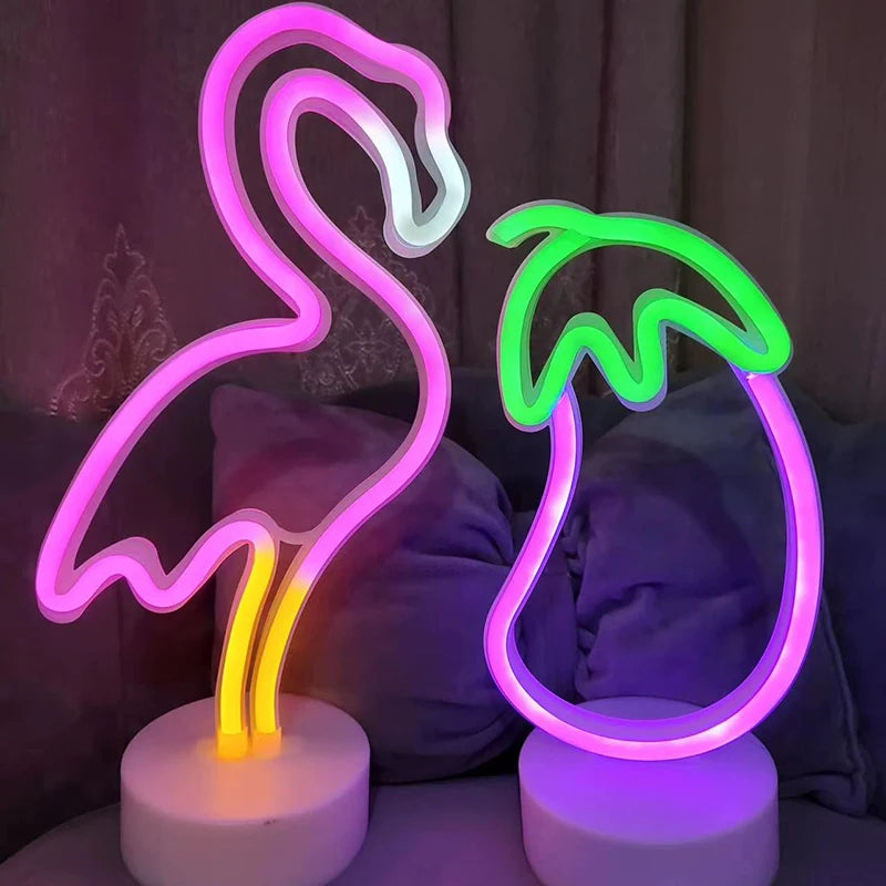 LED Eggplant Flamingo Neon Signs Light Room Wall Decor Acrylic Fruit Night Light for Bedroom Wedding Party Christmas Decorations Vue