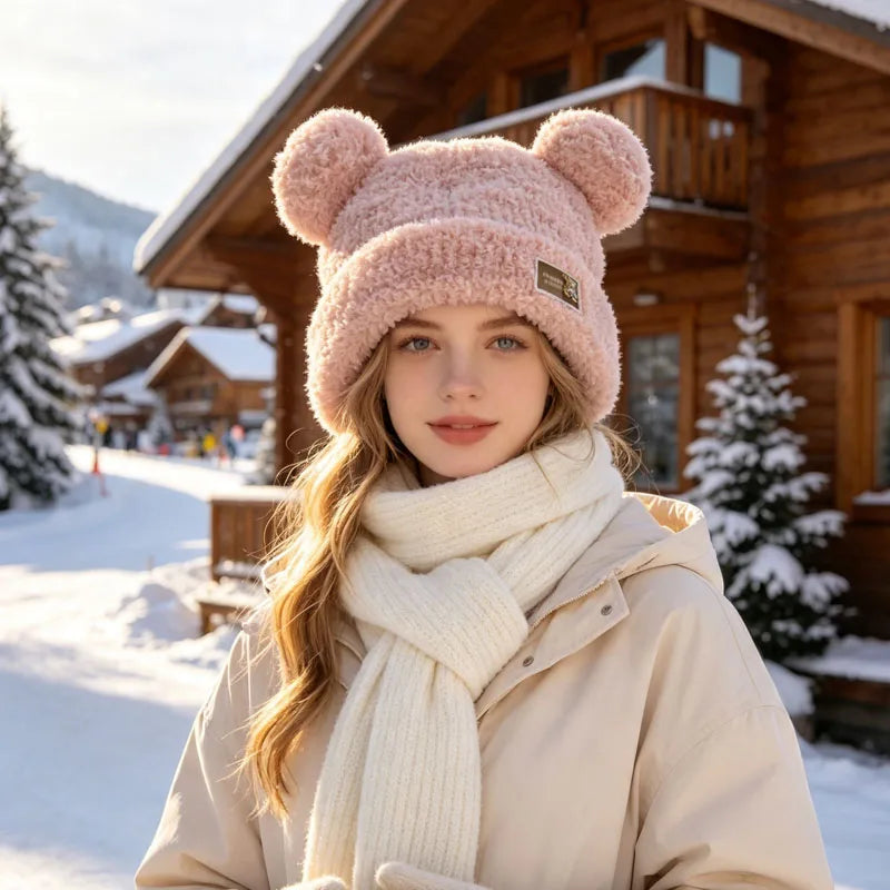 1-5PCS Women Winter Bear Ear Fleece Hat Thick Warm Earflap Beanie Windproof Knit Cap for Skiing Running Cold Weather Outdoor Vue