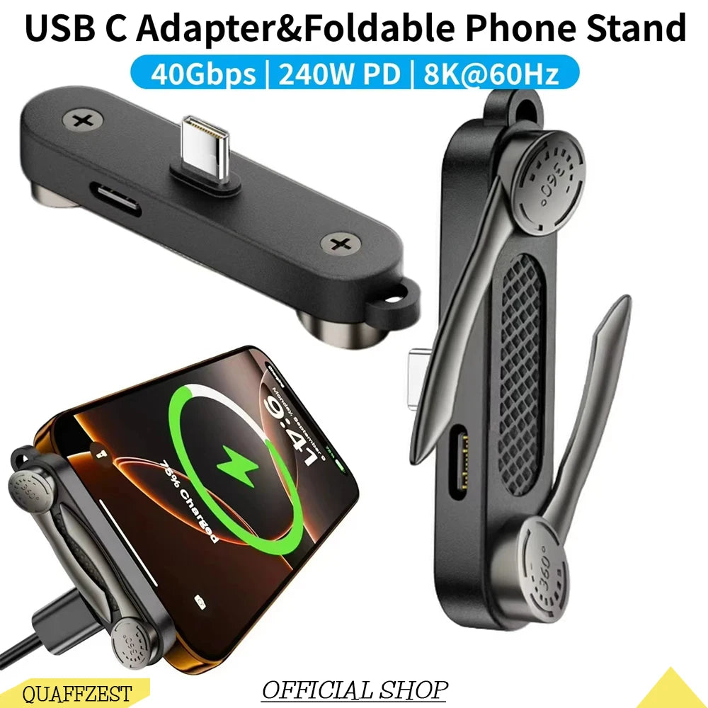 240W Fast Charging USB-C Adapter 40Gbps High Speed Data Transfer 8K 60Hz Video Casting Converter Foldable Phone Stand for Iphone Vue black