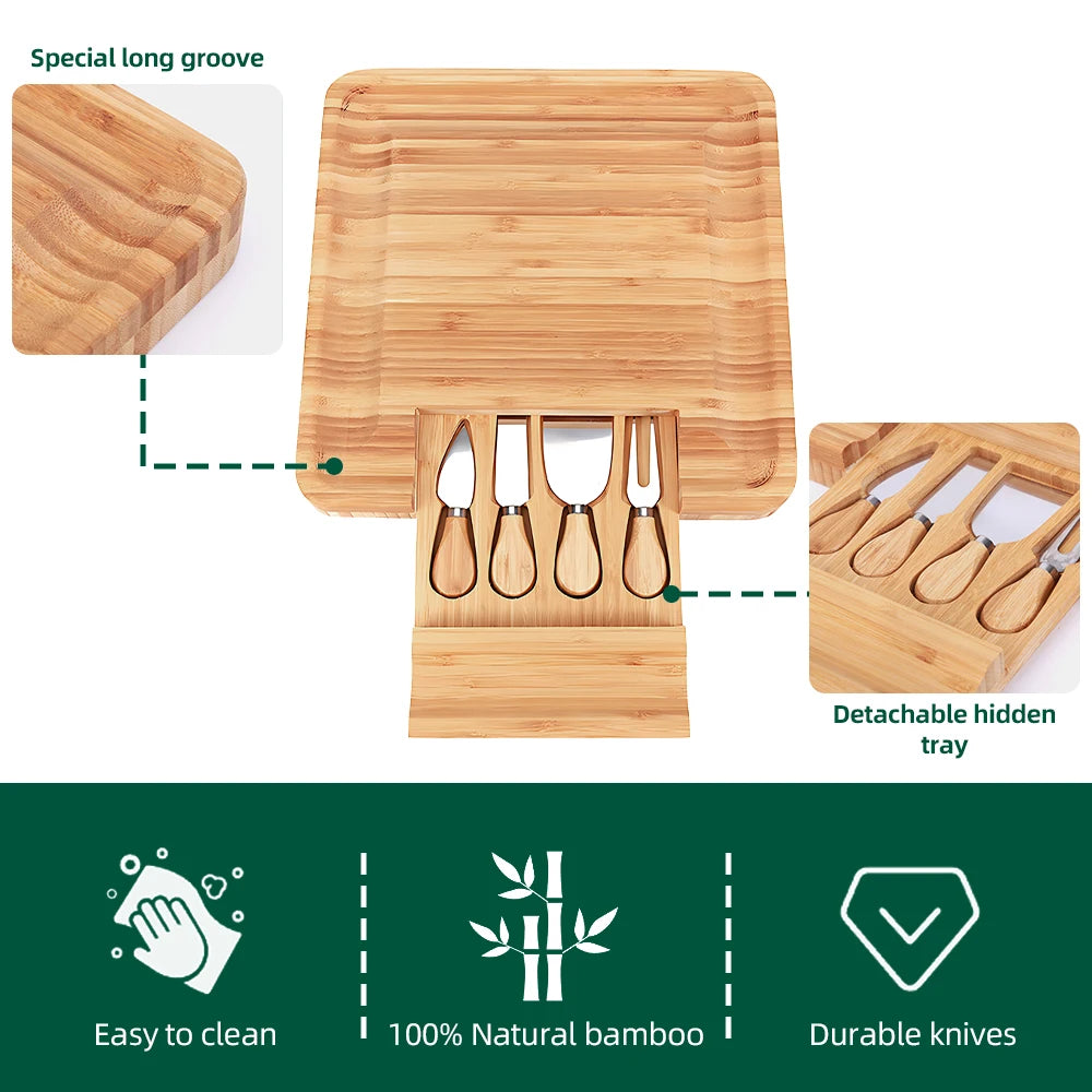 Charcuterie Boards Gift Set with 4 Cheese Knives Large Bamboo Cheese Boards with Hidden Utensil Drawer Partition Food Storage Vue