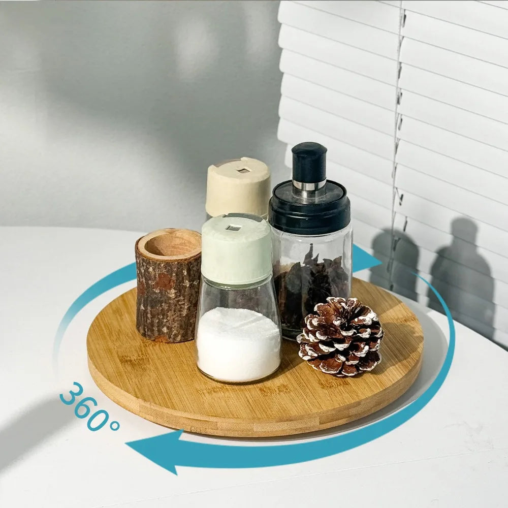 Round Wooden Kitchen Rotating Spice Rack with Metal Frame Non-Slip Base 360-degree Rotation Spice Tray Large Capacity Vue