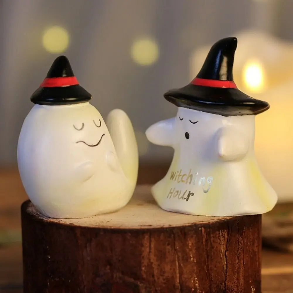 Creative Resin Halloween Ghost Figurine Cute Decorative Ghost Witch Hat Figurine Mini Spooky Resin Statue Dining Table Vue