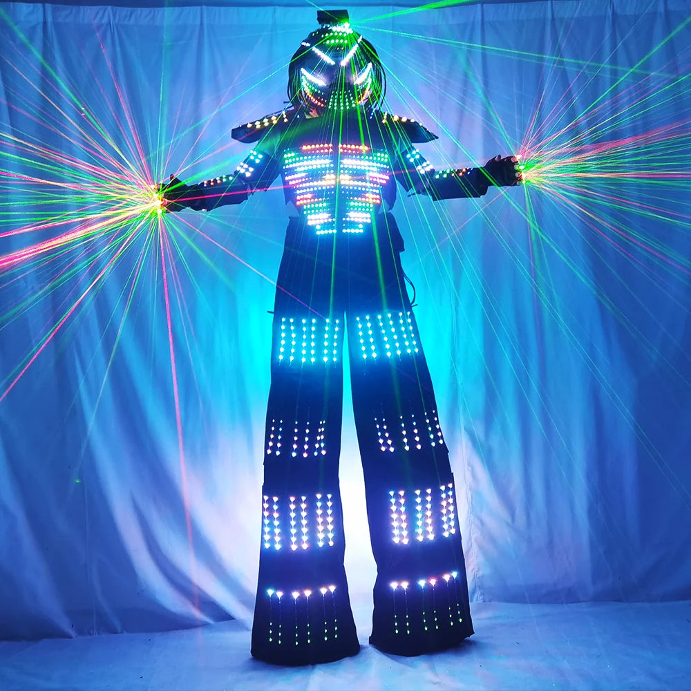 LED Robot Costume for Women Stilt Walking Light-Up Suit RGB Remote Control Glowing Outfit with LED Gloves for Party Parade Carni Vue