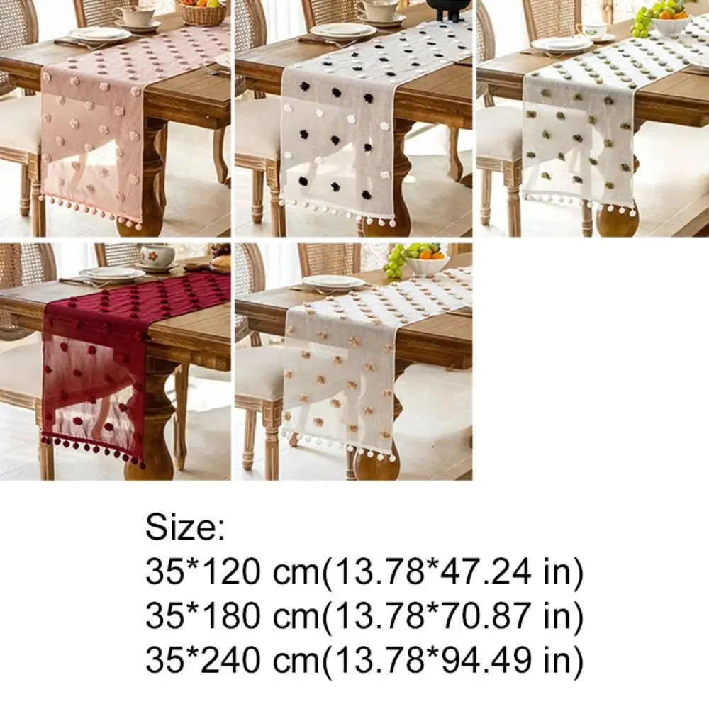 INS Style Nordic Style Lace Table Runner Gauze Rectangular Table Linen French-style with 3D Pom-poms Bookcase Cover Party Vue