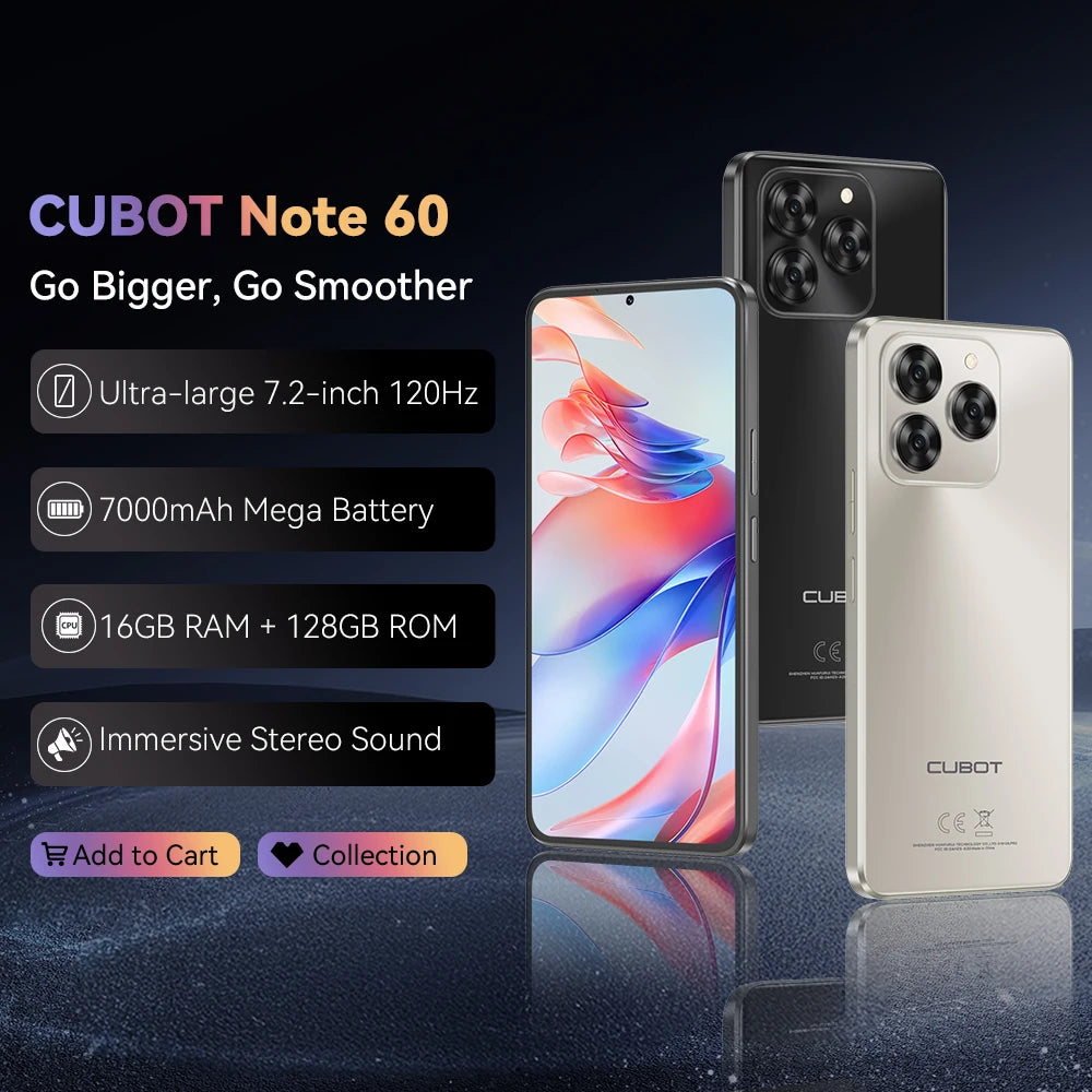 Cubot Note 60 Smartphone, Android 15, 7.2-inch 120Hz Display, Octa-core,16GB(6+10GB )RAM 128GB ROM, 48MP Camera, 7000mAh Battery Vue