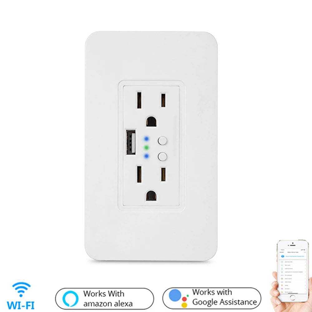 Tuya Smart WiFi Wall Socket Double US Plug Power Outlet with USB Charger Port ON/OFF Remote Control Work with Alexa Google Home Vue