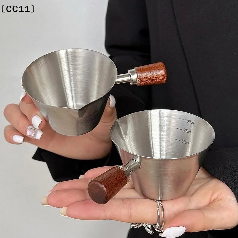 Stainless Steel Measuring Cup Wooden Handle Coffee Milk Pitcher Scale