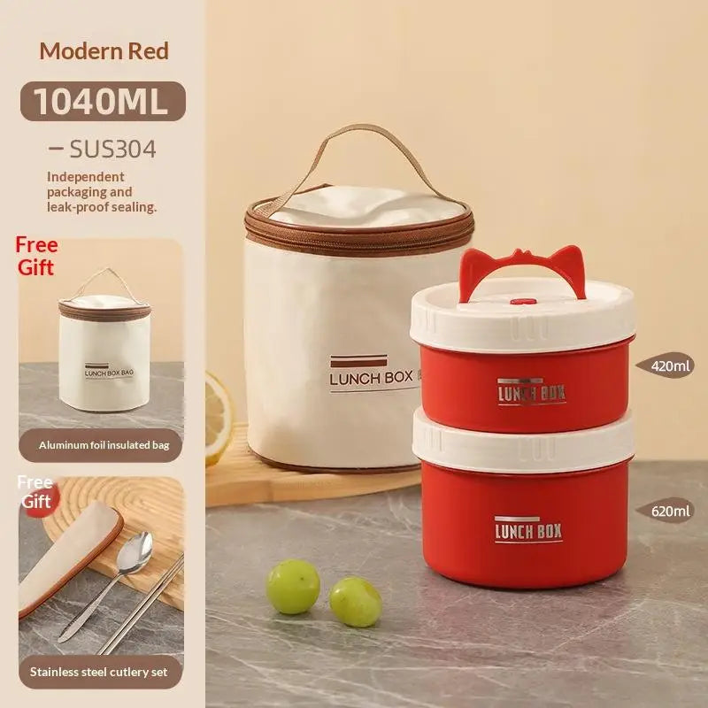 304 Stainless Steel Heat Preservation Lunch Box Round Food Container Large Capacity Cat Ear Handle〔CC11〕 Vue A9