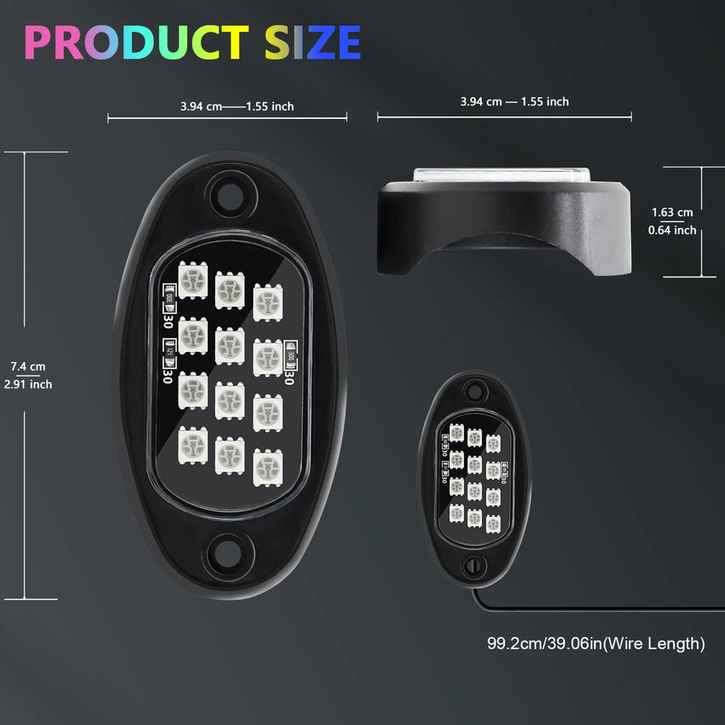Multi-color LED rock lights with brightness, app control, and music synchronization—ideal for SUVs, ATVs Vue