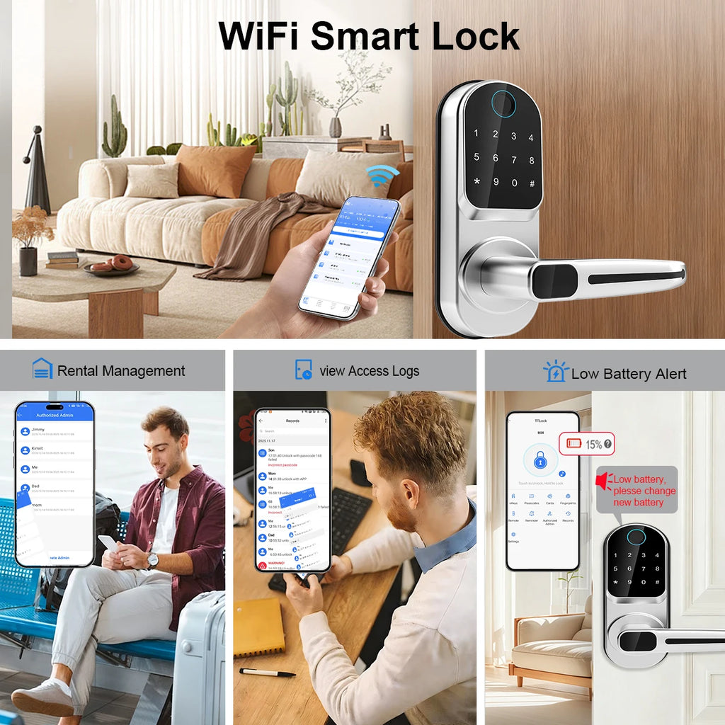 Wifi Smart Door Lock APP/ Biometric Fingerprint / NFC/ Password /Keypads /Key Unlock/ USB Emergency Charger Electronic Lock Vue