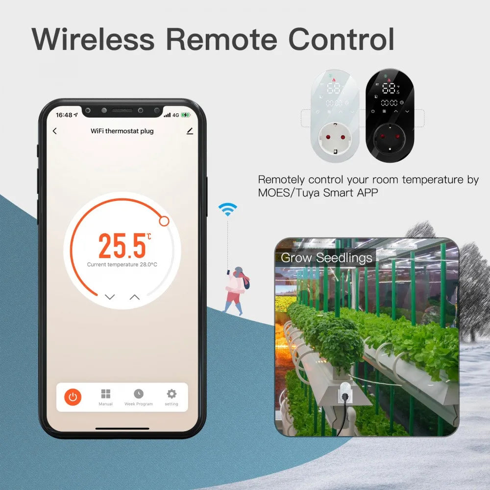 Tuya Smart WiFi LED Thermostat EU Plug Timer Outlet Heating and Cooling Mode 16A APP Remote Control Work with Alexa Google Home Vue