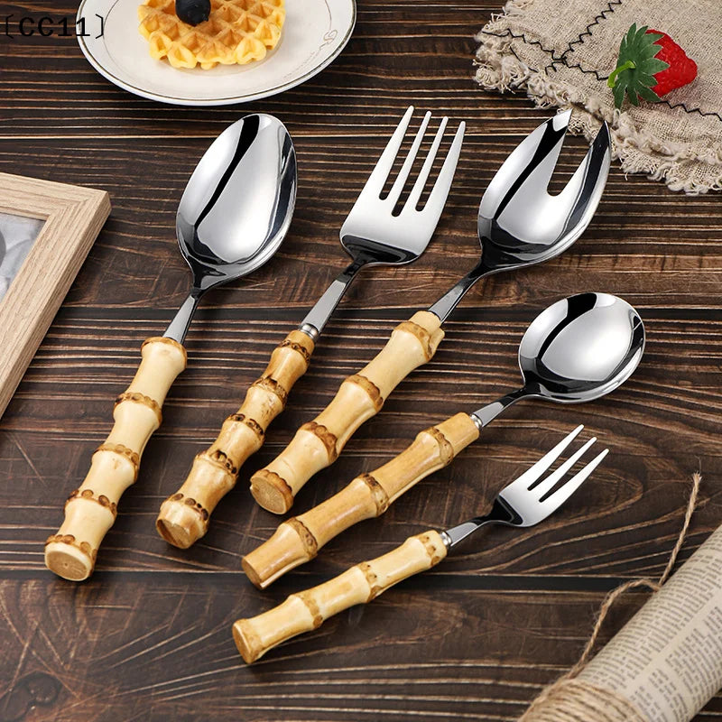 Long Handle Serving Spoon Fork Stainless Steel Gold Silver Bamboo