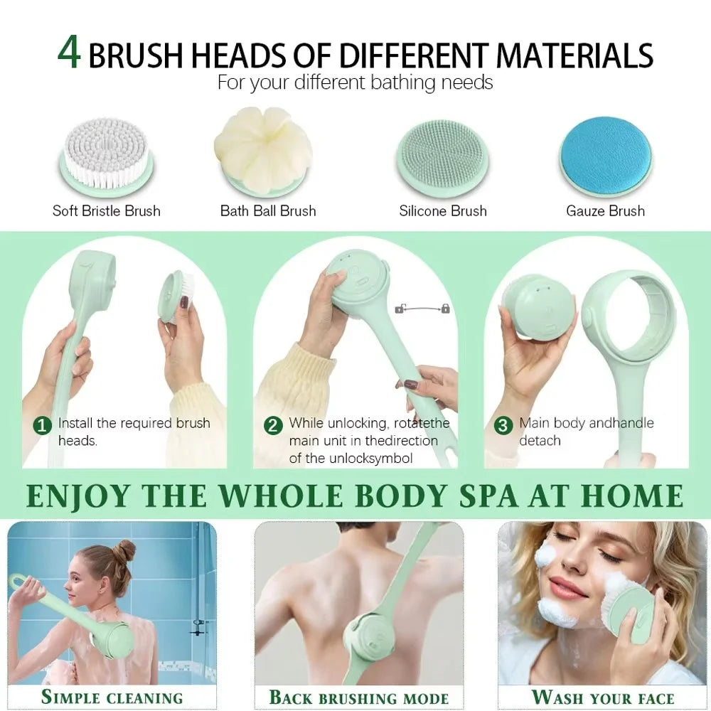Electric Body Brush 4 Heads Waterproof Long Handle Shower Back Scrubber USB Rechargeable Exfoliating Bath Cleaning Brush Vue